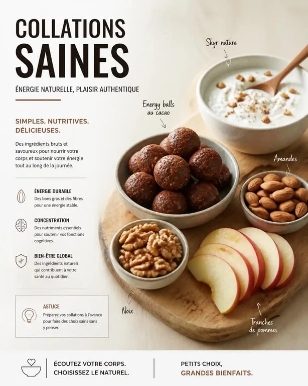 Assiette de gouter healthy composée d'energy balls, fruits frais et oléagineux pour une collation équilibrée.