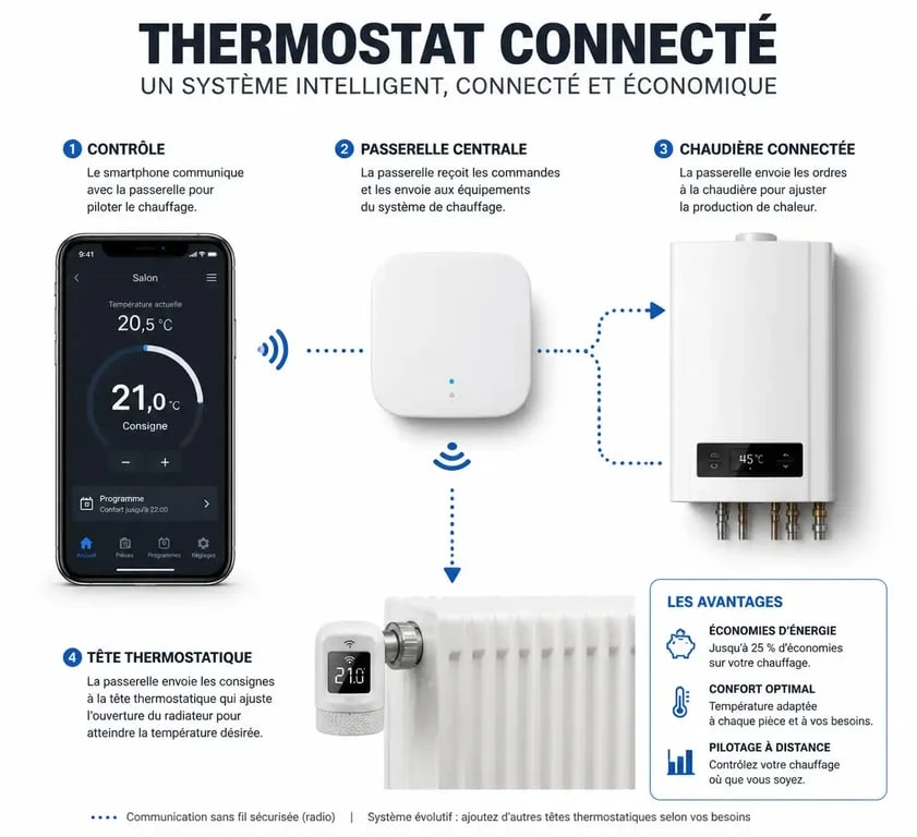 Schéma de fonctionnement d'un thermostat connecté pour radiateur et chauffage central