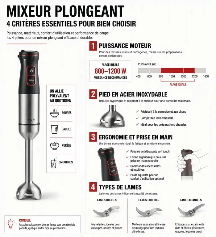 Infographie des critères techniques pour choisir le meilleur mixeur plongeant
