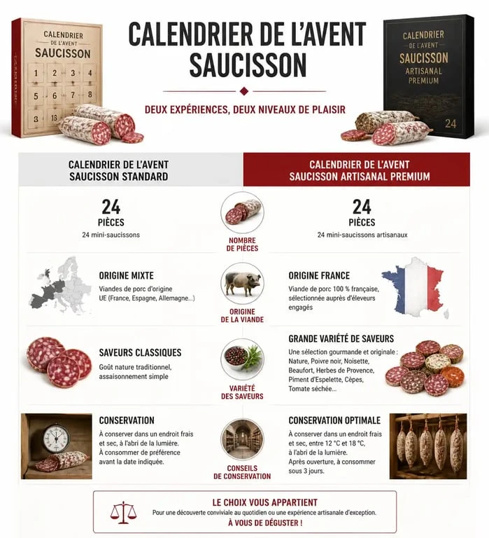 Comparatif des critères de qualité pour choisir son calendrier de l'Avent saucisson artisanal ou industriel