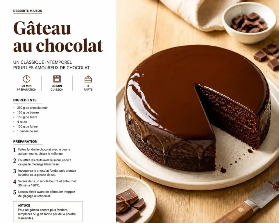 Gâteau nappé d'un glaçage au chocolat brillant réalisé sans sucre glace