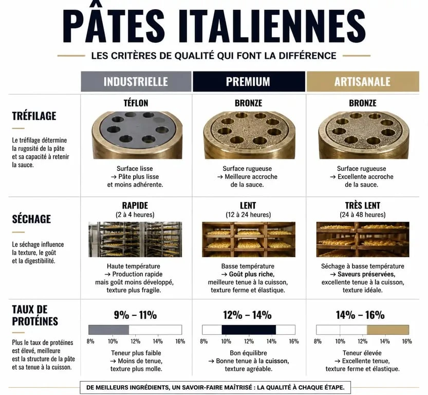 Comparatif des critères de qualité des pâtes italiennes : industrielles, premium et artisanales