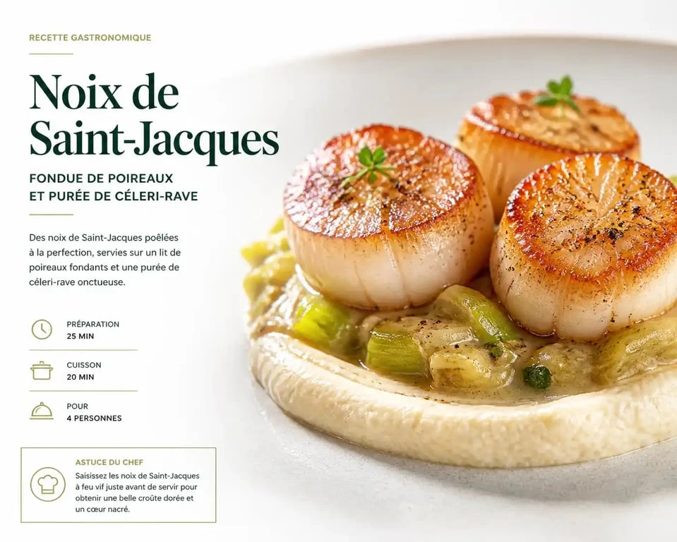 Noix de Saint-Jacques poêlées accompagnées de fondue de poireaux et purée de céleri-rave pour un repas raffiné