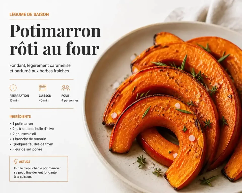Potimarron rôti au four, prêt à être dégusté, illustrant la méthode pour cuire un potimarron.