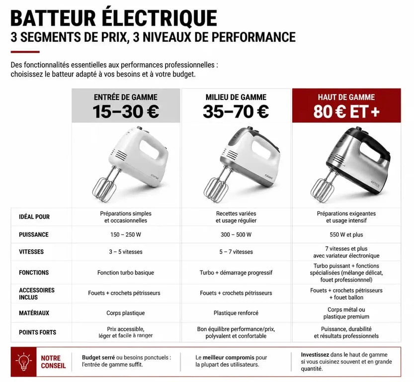 Infographie comparative des prix des batteurs électriques par gamme et usage