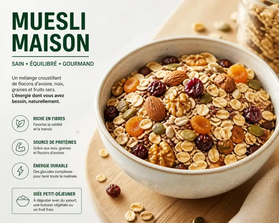 Bol de muesli maison healthy avec flocons d'avoine et noix pour un petit-déjeuner équilibré