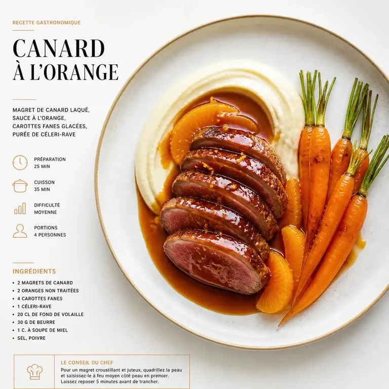 Assiette de canard à l'orange avec accompagnement de légumes et purée