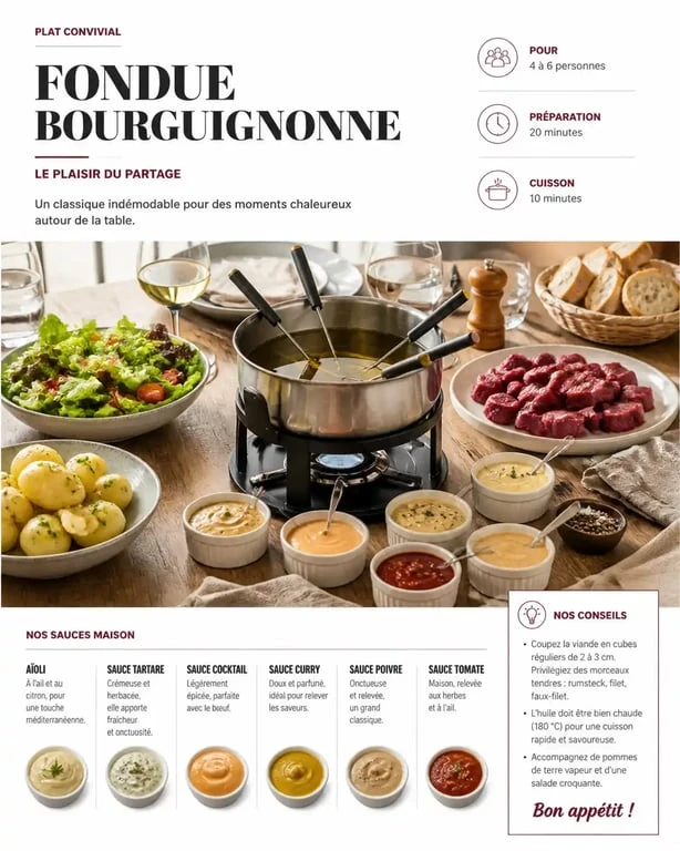 Table dressée avec accompagnements pour une fondue bourguignonne