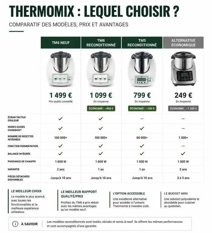 Comparatif des prix et modèles de Thermomix : TM6 neuf, reconditionné et alternatives pour choisir le meilleur rapport qualité-prix.