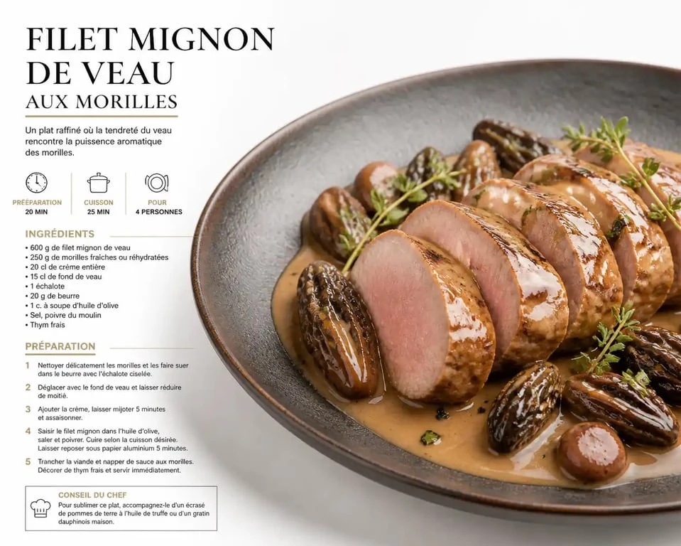 Filet mignon de veau gastronomique aux morilles et sauce au Porto dressé dans une assiette élégante