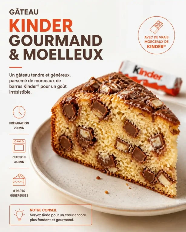 Gâteau Kinder maison moelleux et gourmand avec morceaux de chocolat