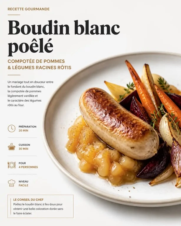 Assiette de boudin blanc poêlé avec accompagnement de pommes et légumes racines pour une idée d'accompagnement boudin blanc festive.