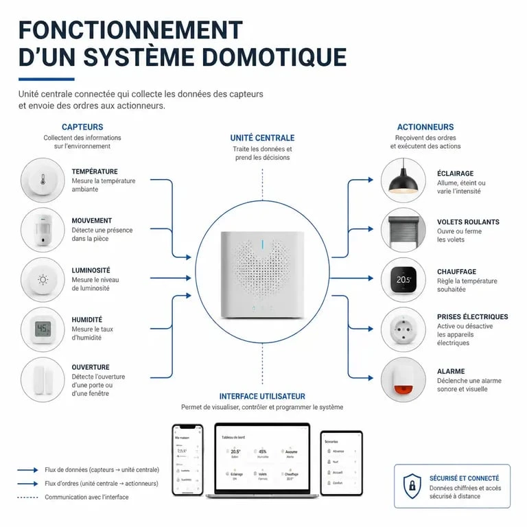 Schéma illustrant le fonctionnement d'une installation domotique avec unité centrale, capteurs et actionneurs pour comprendre la définition de la domotique.