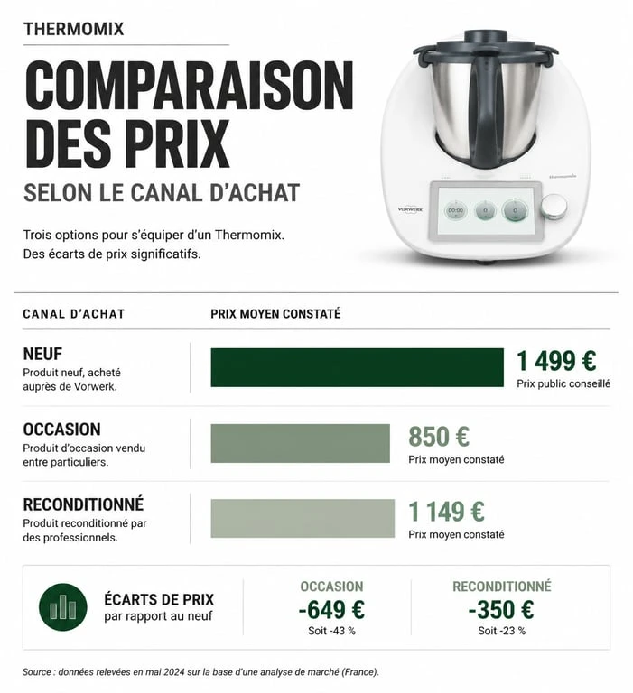 Comparatif des prix du Thermomix selon le canal d'achat : neuf, occasion et reconditionné pour une vente Thermomix prix usine sécurisée