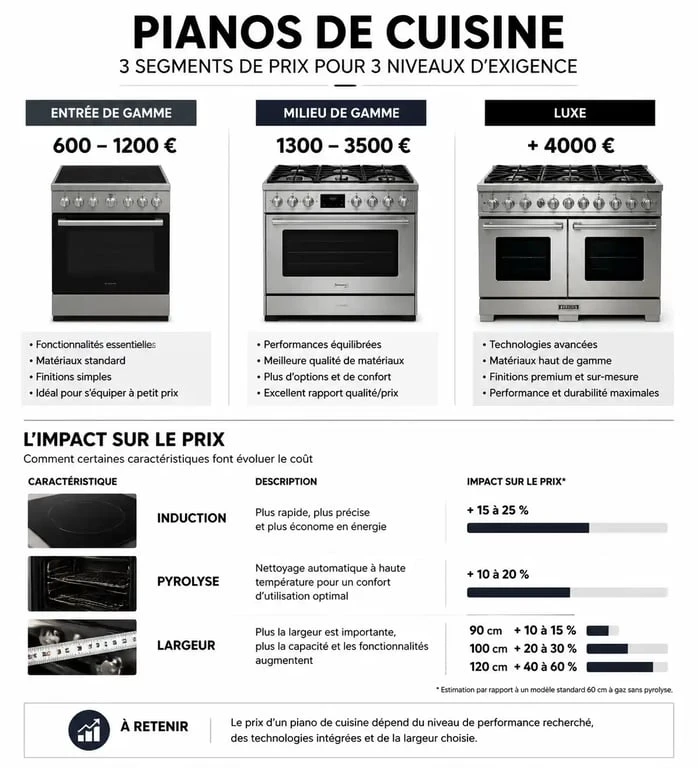 Infographie comparative des prix des pianos de cuisine et des facteurs influençant le coût
