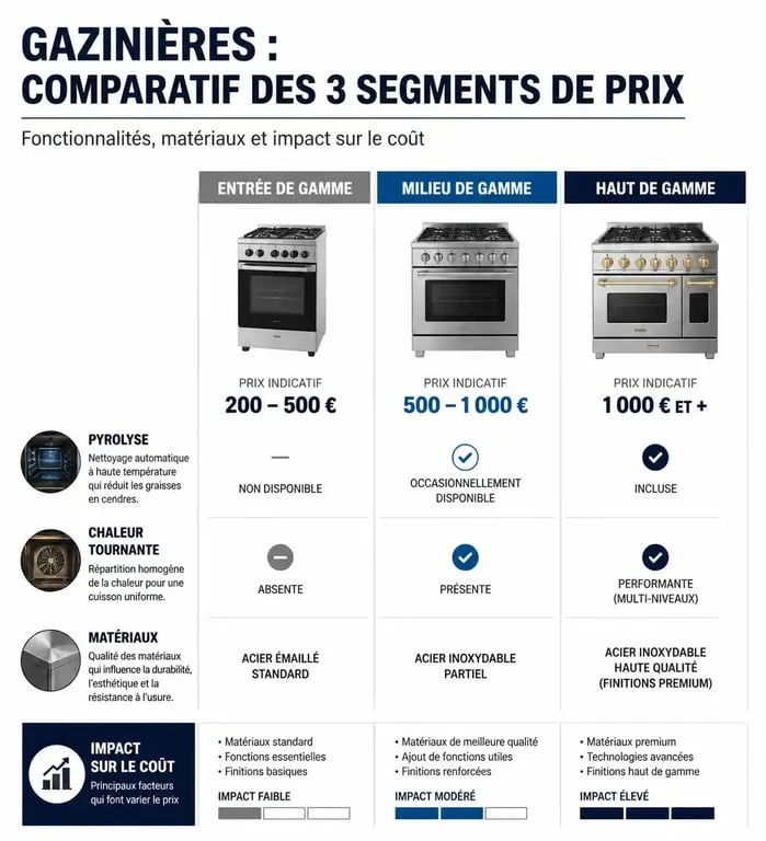 Infographie comparative des prix des gazinières selon les gammes et fonctionnalités