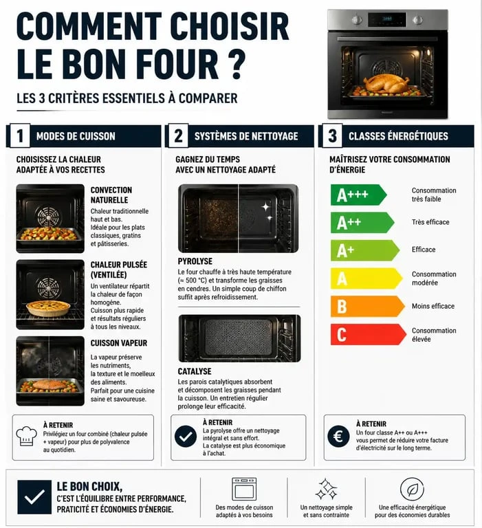 Infographie comparative pour choisir son four : modes de cuisson, nettoyage et efficacité énergétique