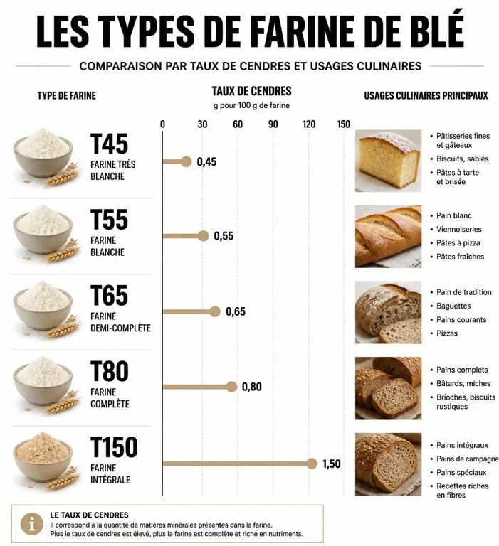 Infographie comparative des types de farine T45, T55, T65, T80 et T150 et leurs utilisations culinaires