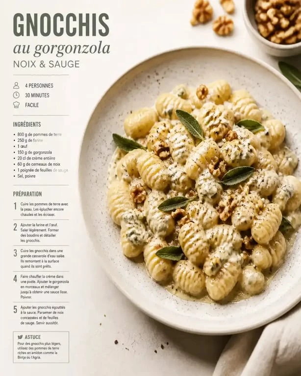 Gnocchis maison à la crème de gorgonzola et noix, un accompagnement gourmand et raffiné