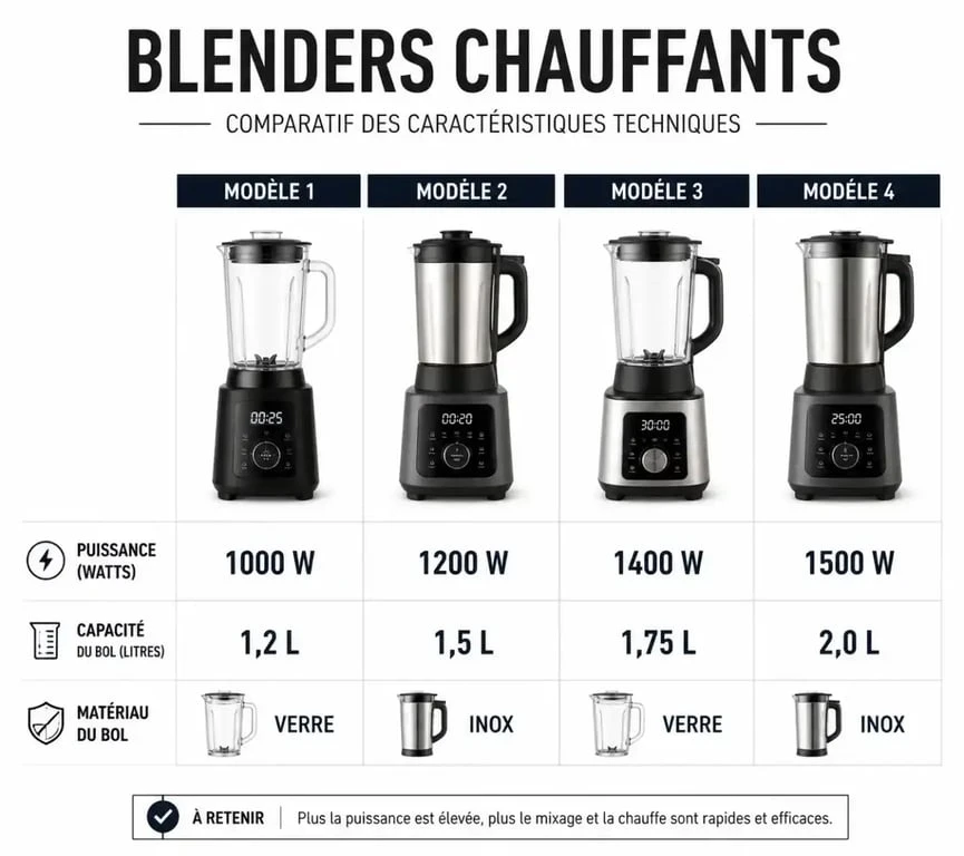 Comparatif des meilleurs blenders chauffants : puissance, capacité et matériaux des modèles