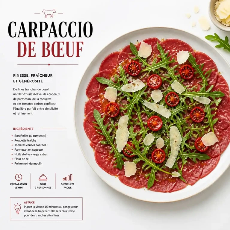 Carpaccio de bœuf avec ses accompagnements : roquette, parmesan et tomates cerises