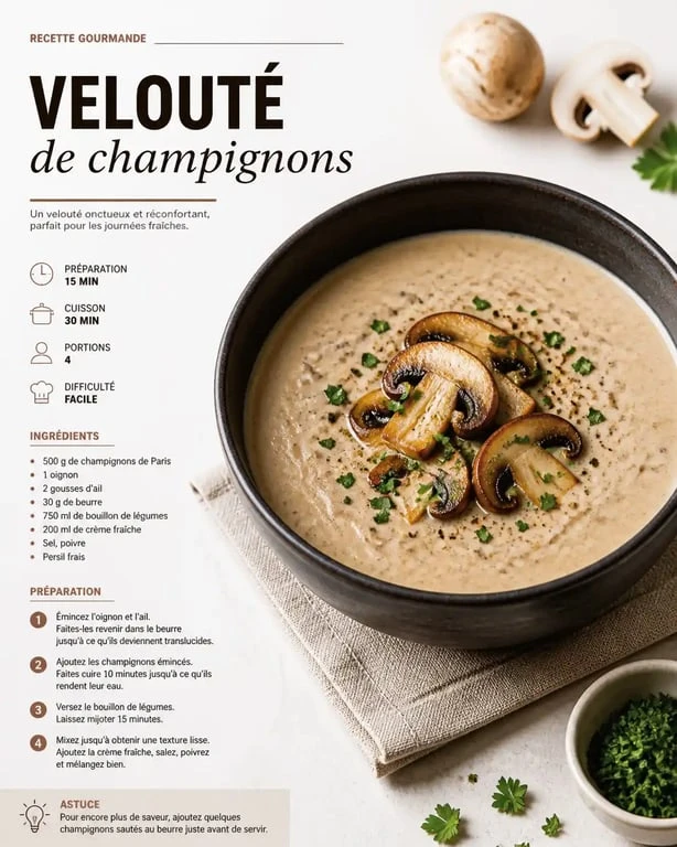Velouté de champignons au Thermomix servi dans un bol