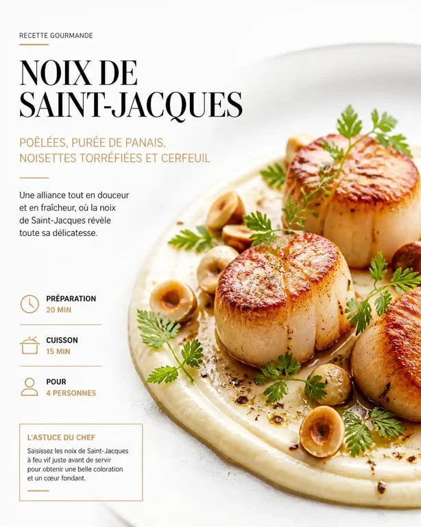 Noix de Saint-Jacques poêlées servies avec une purée de panais onctueuse, idée d'accompagnement raffiné