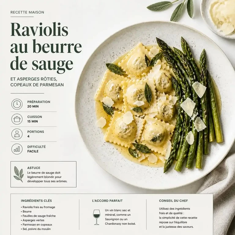 Assiette de raviolis au beurre de sauge et asperges rôties, une idée d'accompagnement ravioli savoureuse.