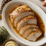 Recette filet de dinde au four moelleux : filet rôti tranché, jus ambré
