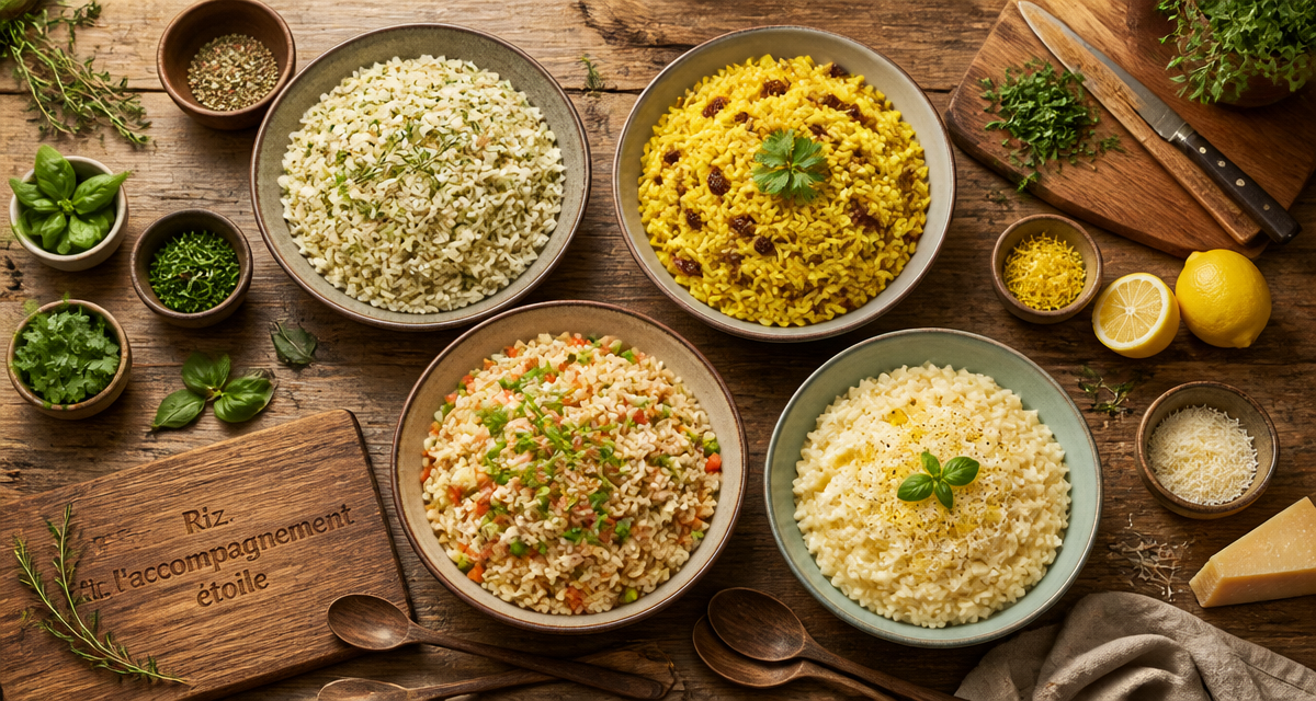 riz en accompagnement recettes, quatre bols de riz parfumé sur table rustique