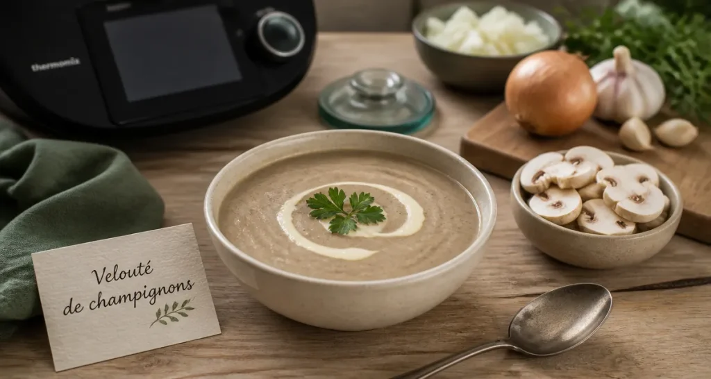 Velouté de champignons thermomix, texture parfaite, bol crème et persil
