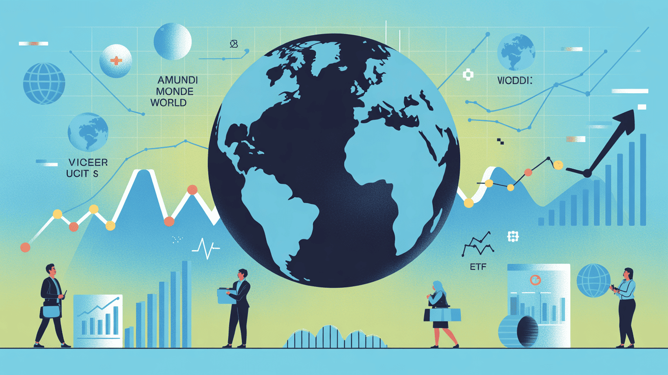 Illustration de l’investissement international avec amundi pea monde msci world ucits etf, globe et graphiques