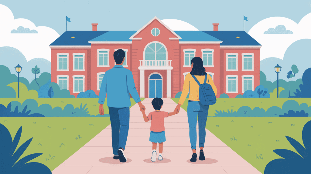 Changement d'établissement scolaire en cours d'année, famille avançant vers une nouvelle école