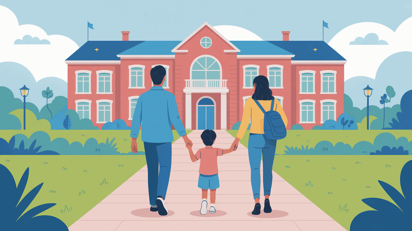 Changement d'établissement scolaire en cours d'année, famille avançant vers une nouvelle école