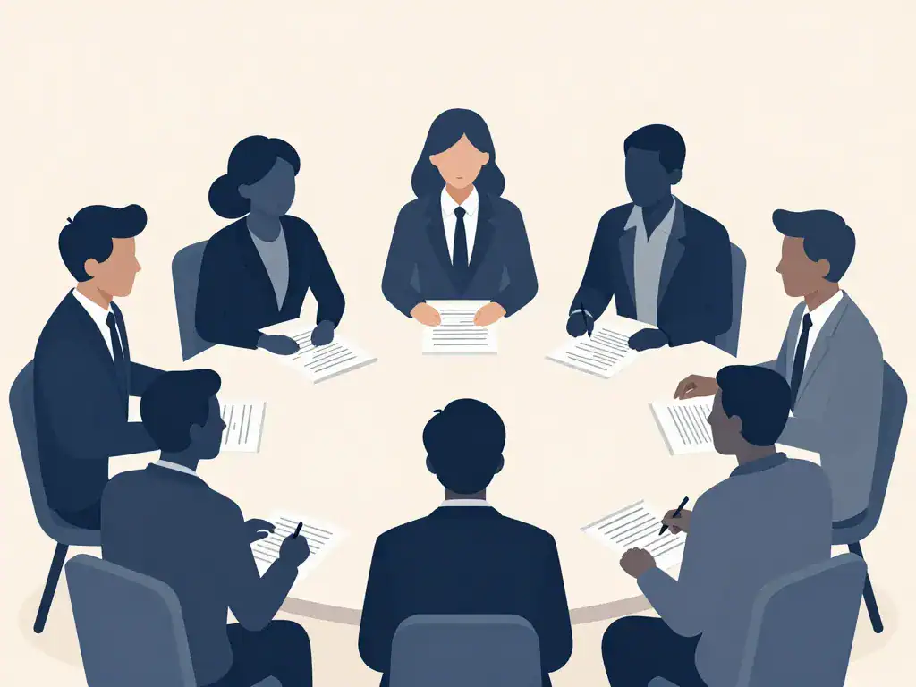 Groupe jury d'examen évaluant candidats