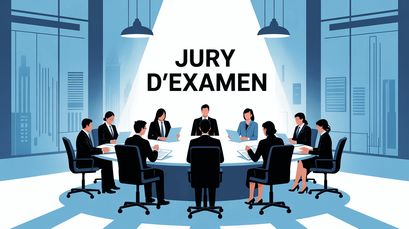 Illustration jury d'examen table ronde professionnels