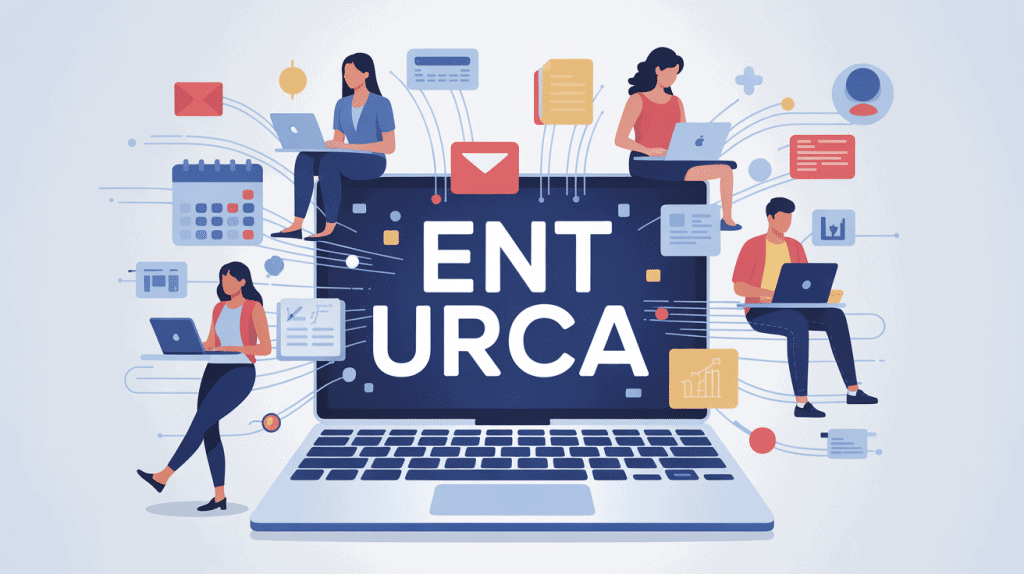 Illustration urca ent univers numérique, étudiants et icônes digitales