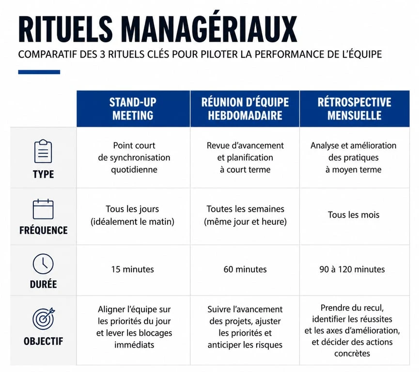 Infographie récapitulative des rituels managériaux : stand-up, réunion hebdomadaire et rétrospective