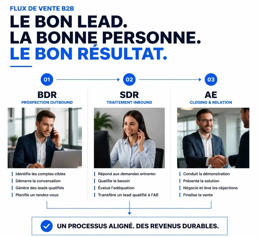 Infographie comparative des rôles commerciaux : BDR, SDR et Account Executive dans le cycle de vente B2B