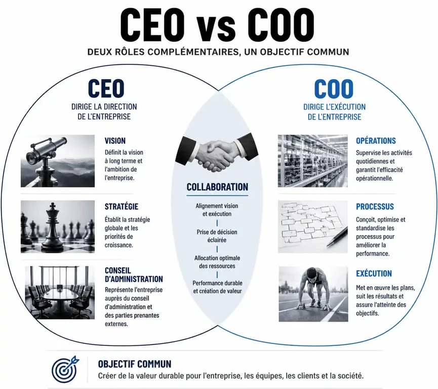 Infographie comparative CEO vs COO illustrant les différences de responsabilités et la complémentarité entre le dirigeant et le directeur des opérations.