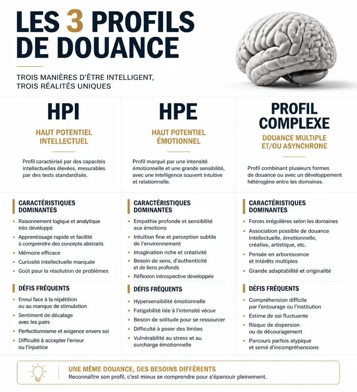 Infographie comparative des profils de surdoués : HPI, HPE et profil complexe