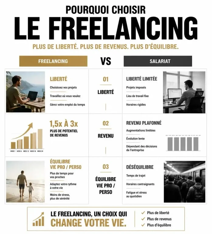 Infographie comparative des avantages du freelance par rapport au salariat