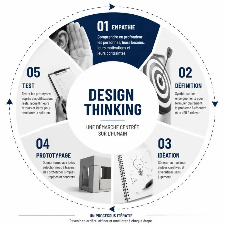 Schéma des 5 étapes du processus design thinking pour l'innovation
