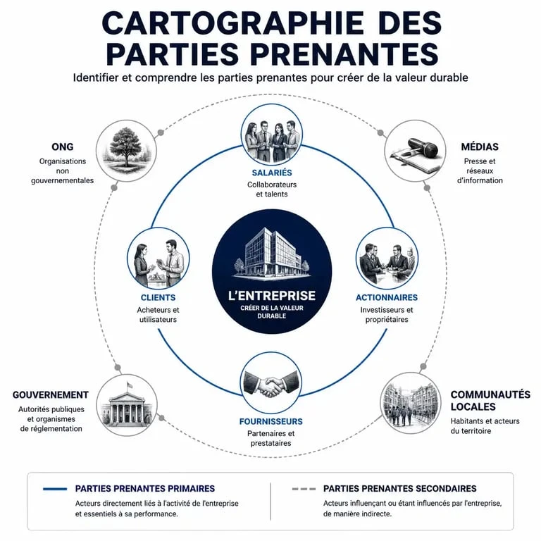 Schéma de la théorie des parties prenantes illustrant les acteurs primaires et secondaires autour d'une entreprise