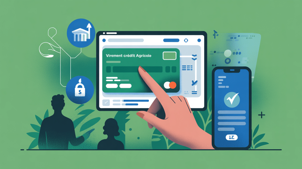 Main effectuant un credit agricole virement bancaire sur écran sécurisé