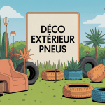 Deco exterieur avec des pneus transformes en elements decoratifs