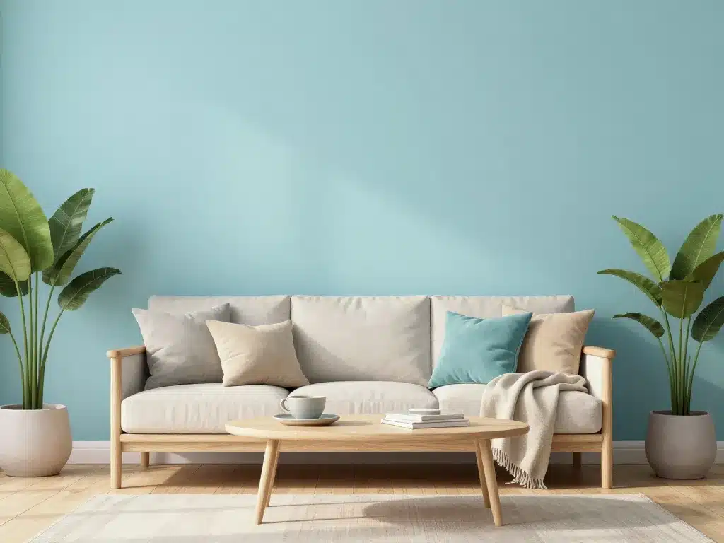 Mur accent bleu céladon et meubles design en bois