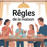 Famille discutant des règles de la maison autour d'une table