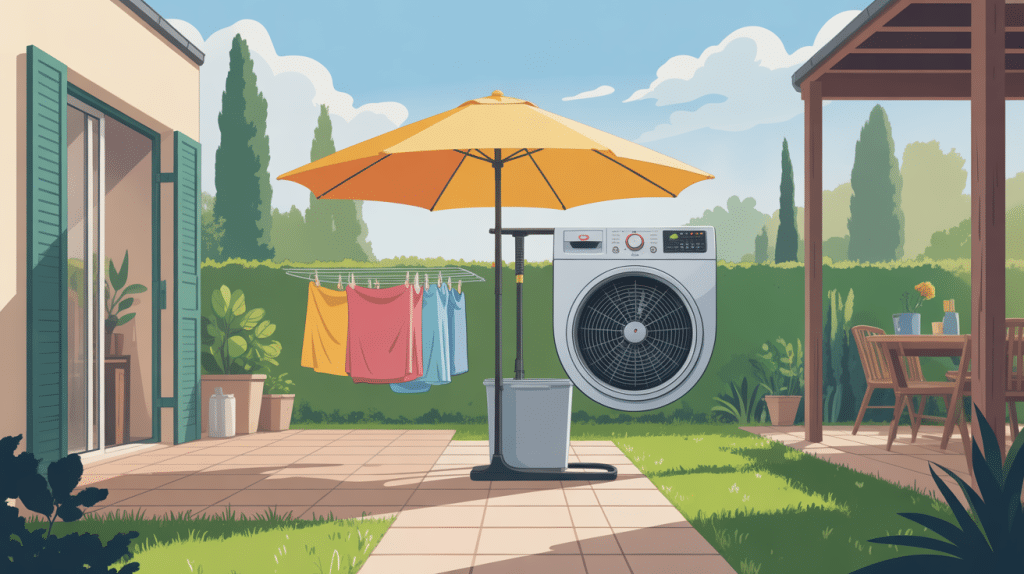 Séchoir parapluie Lidl en jardin, linge coloré, ambiance conviviale