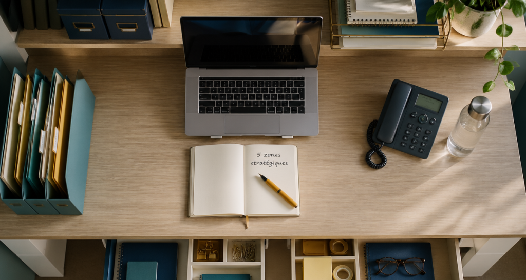 organiser un bureau avec 5 zones distinctes vue dessus